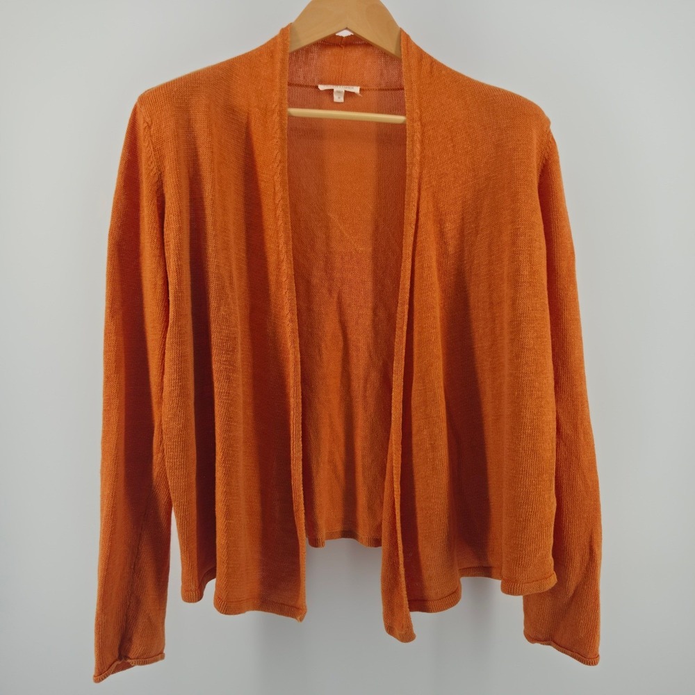 Eileen Fisher Burnt Orange 100% Linen Open Front Cardigan Sweater Womens Medium